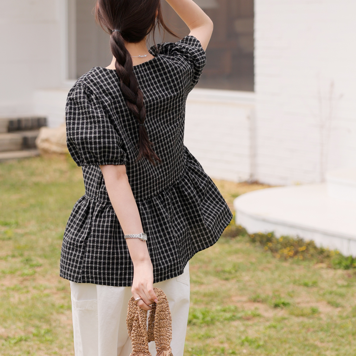 <b>[Wrinkle-free/Body shape coverage/Lightweight][Made]</b> Ribbon Tie Check Blouse