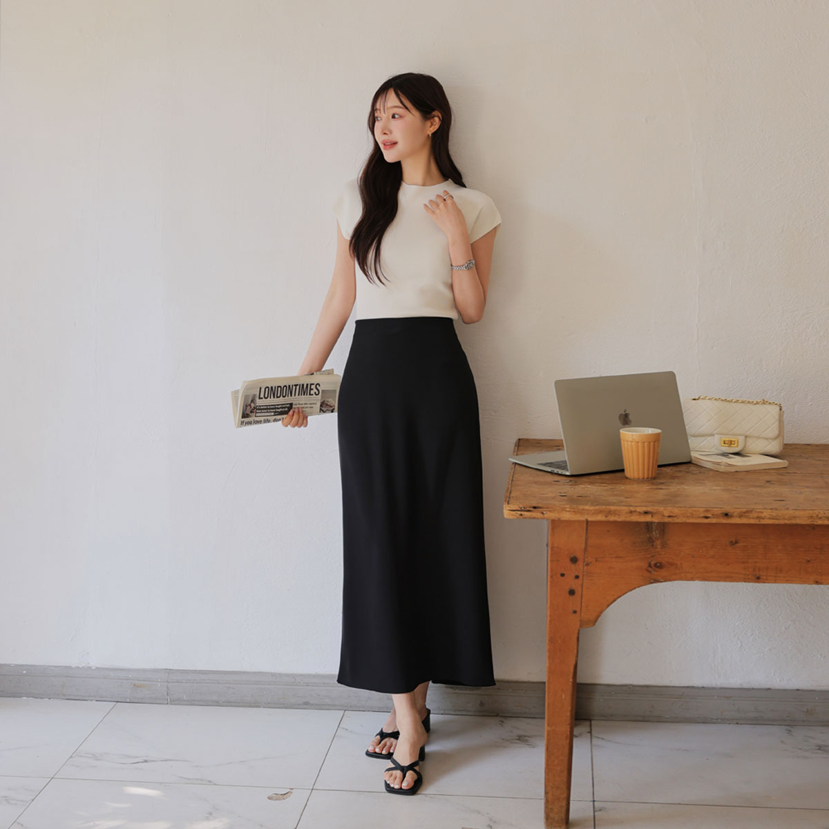 <b>[Wrinkle-Free/Back Elastic Waist/Body Shape Coverage][Made]</b> Wrinkle-Free Charsilket Rong Skirt