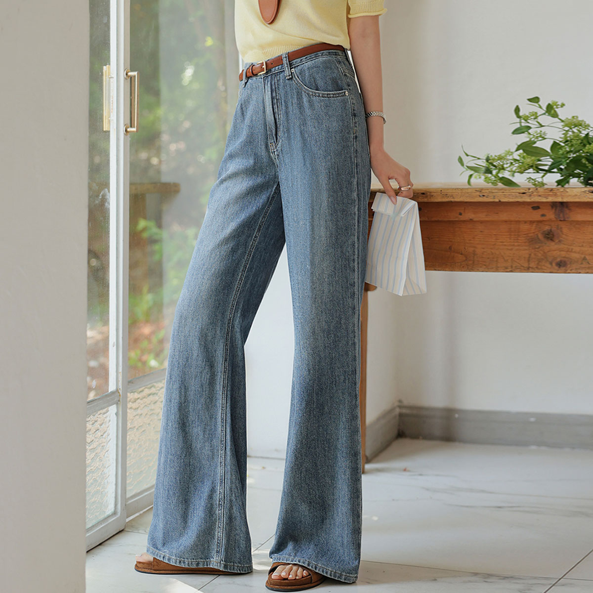 3 Types Cooling Linen Semi-Bootcut Denim Pants