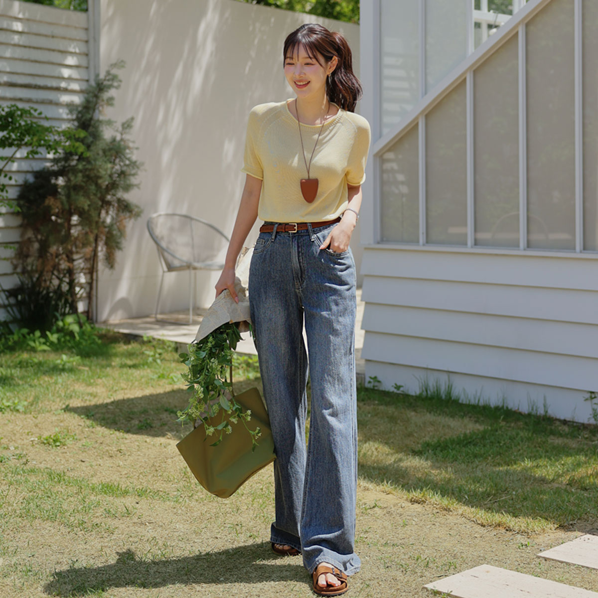 3 Types Cooling Linen Semi-Bootcut Denim Pants