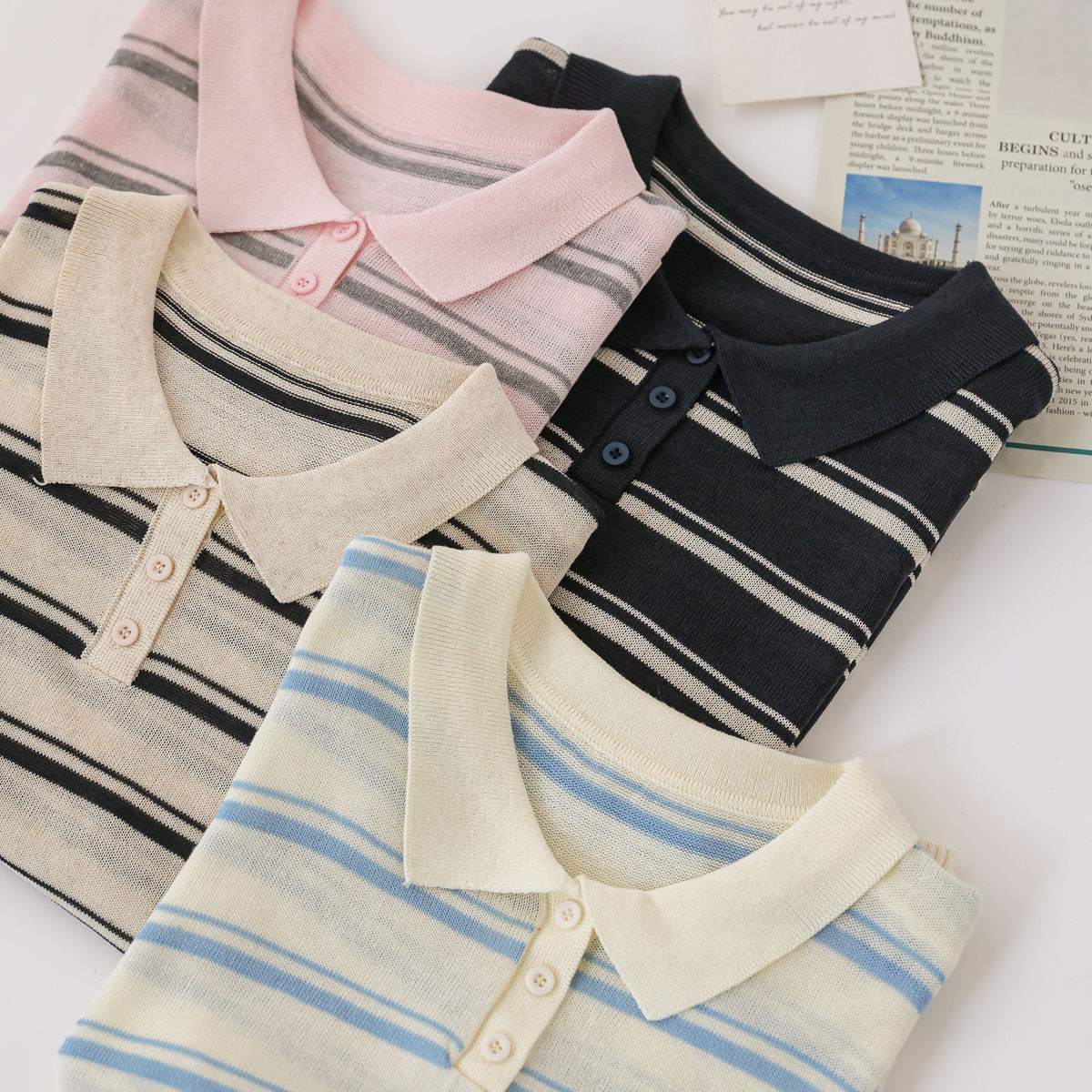 Button-neck striped collar knit