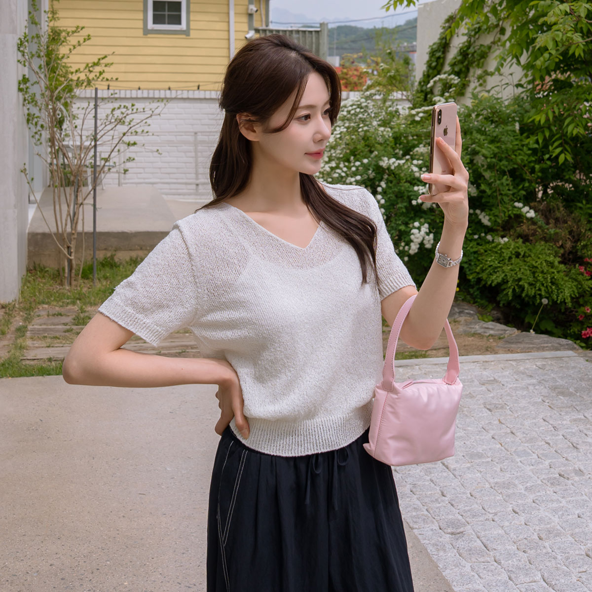 Wholegarment cotton V-neck knit