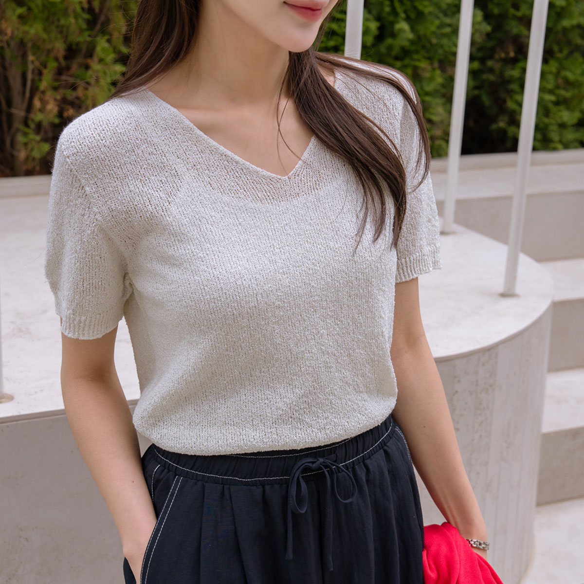 Wholegarment cotton V-neck knit