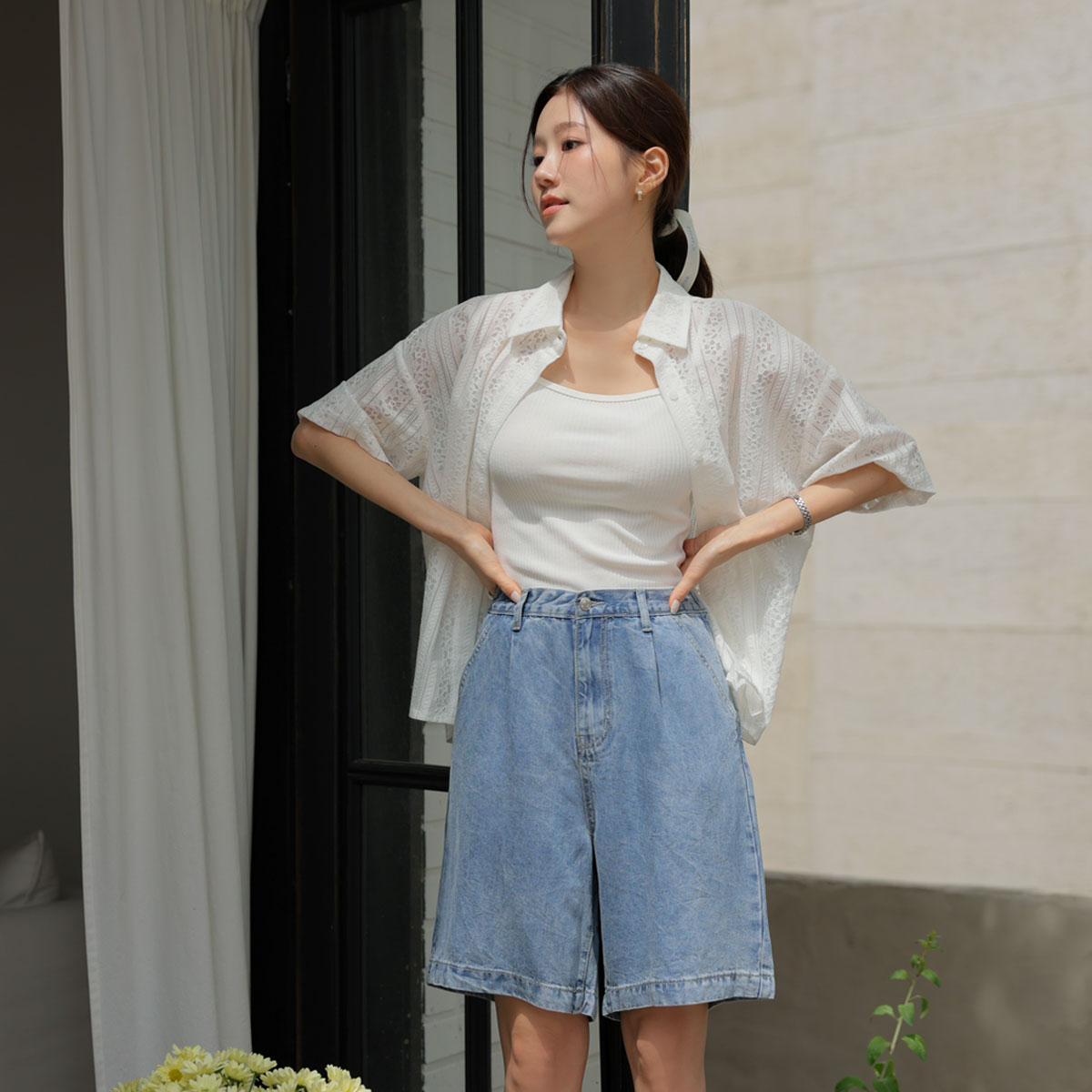 <b>[No. 1 Shorts🏆/S-2XL/3 Colors/Slim Fit 4-Length]</b> Cool Ultra-Light Pintuck Denim Shorts
