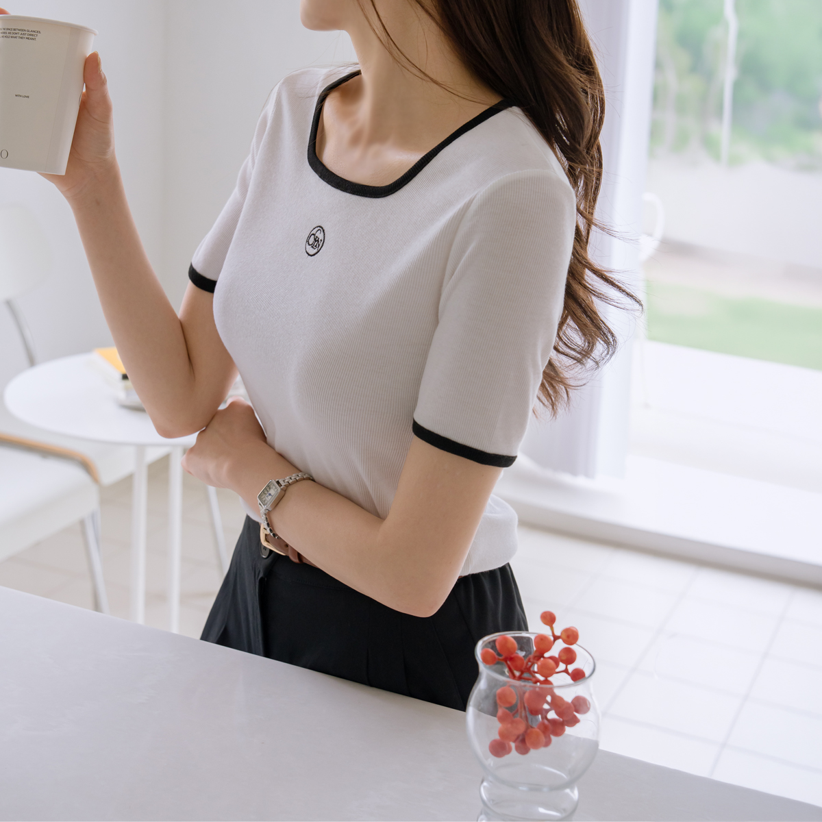 Color-block spandex embroidered corduroy tee