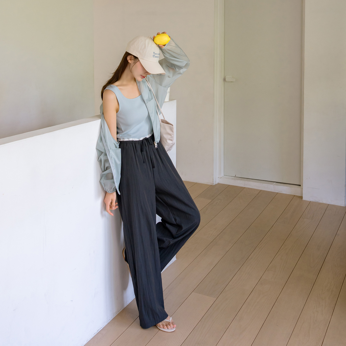 Contrast elastic wide pants
