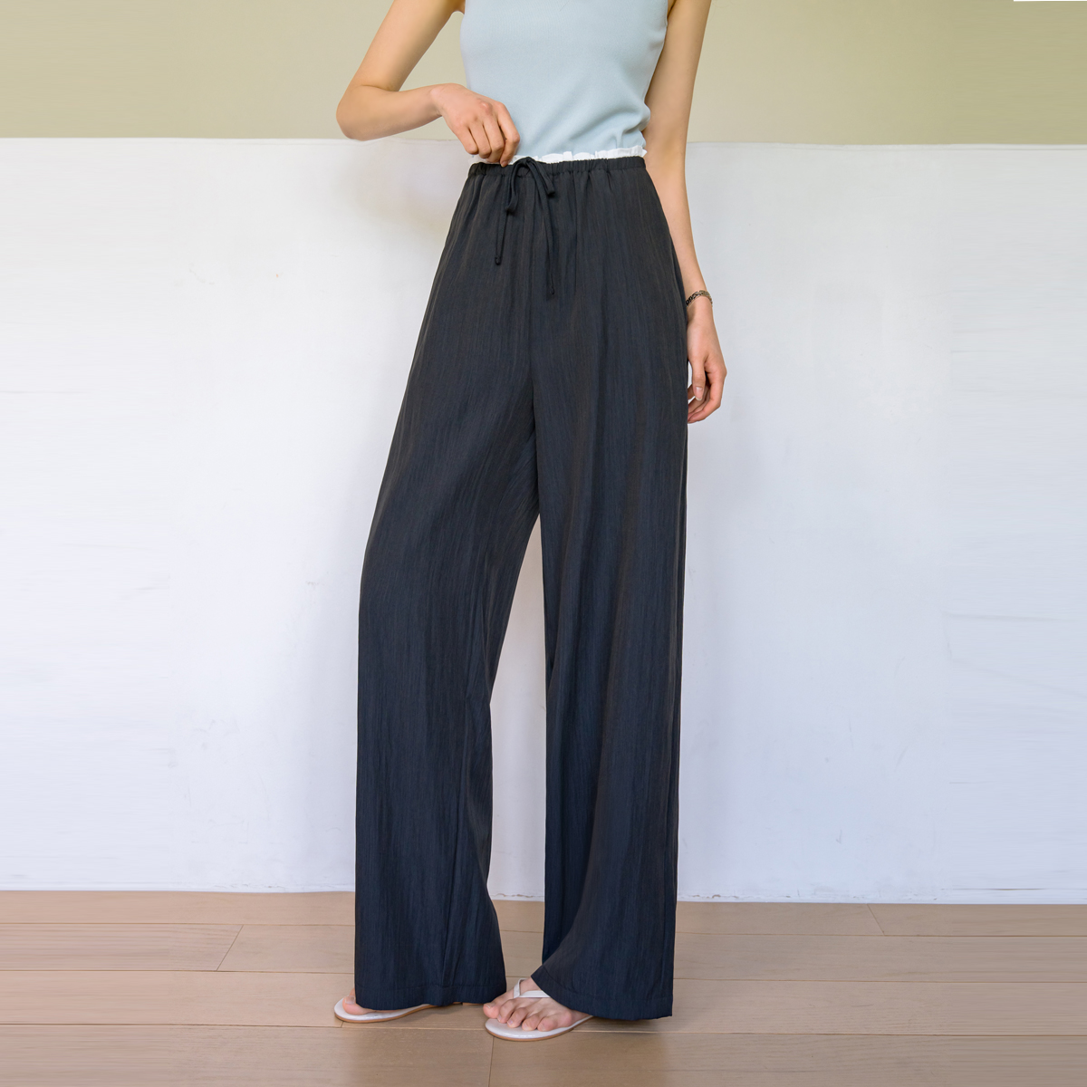 Contrast elastic wide pants