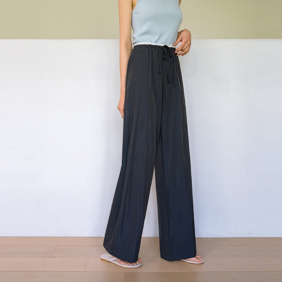 Contrast elastic wide pants