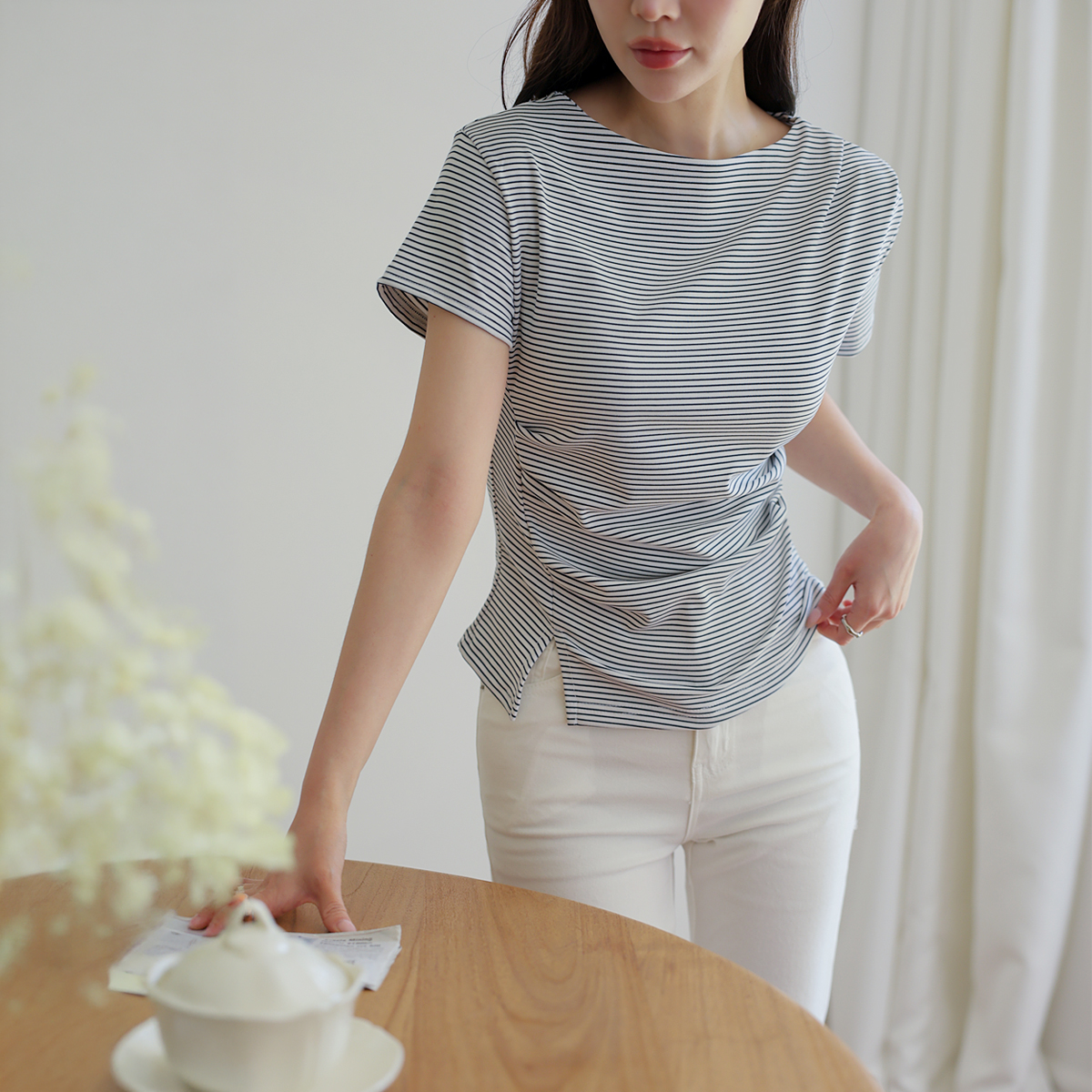 Slim Shirring Span Striped Tee