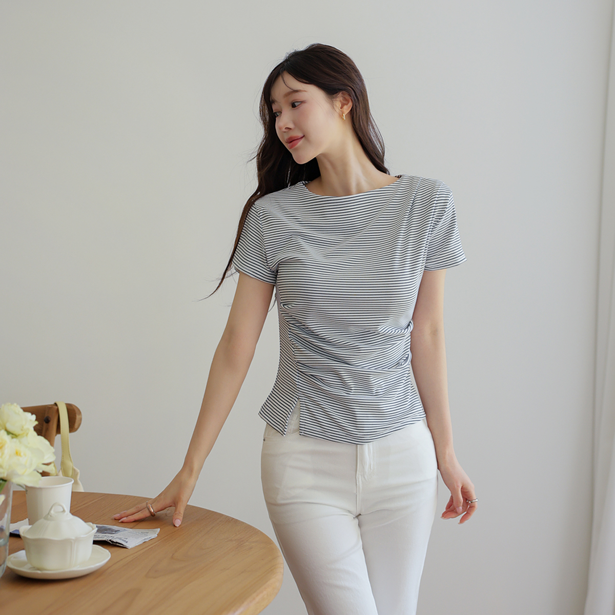Slim Shirring Span Striped Tee