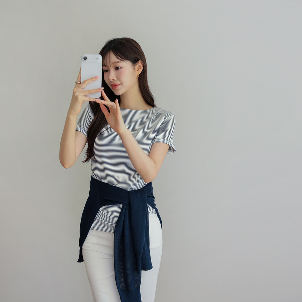 Slim Shirring Span Striped Tee