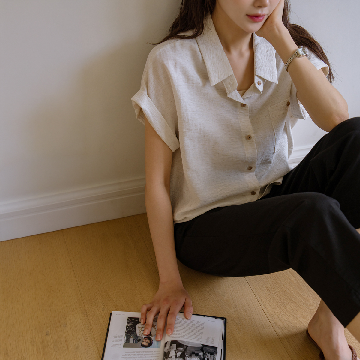 Linen String Hem Short Sleeve Shirt
