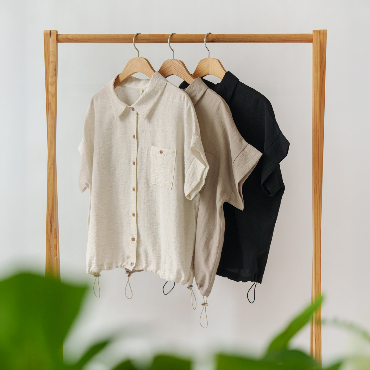 Linen String Hem Short Sleeve Shirt