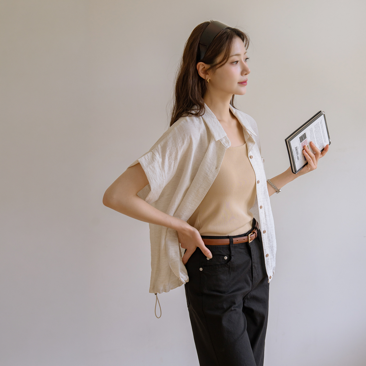 Linen String Hem Short Sleeve Shirt