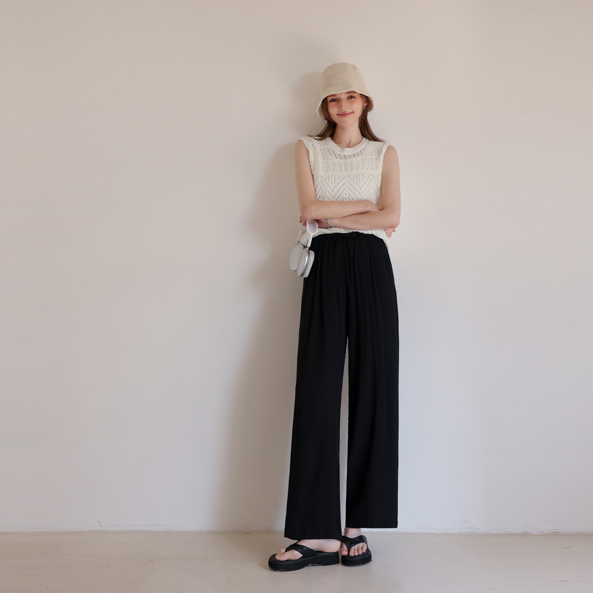 <b>[Summer Pants/Hair band][Made]</b> Flowy Linen Adjustable Pintuck Wide Pants