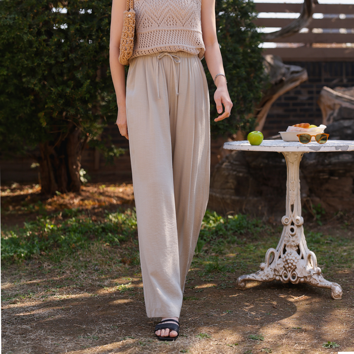 <b>[Summer Pants/Hair band][Made]</b> Flowy Linen Adjustable Pintuck Wide Pants