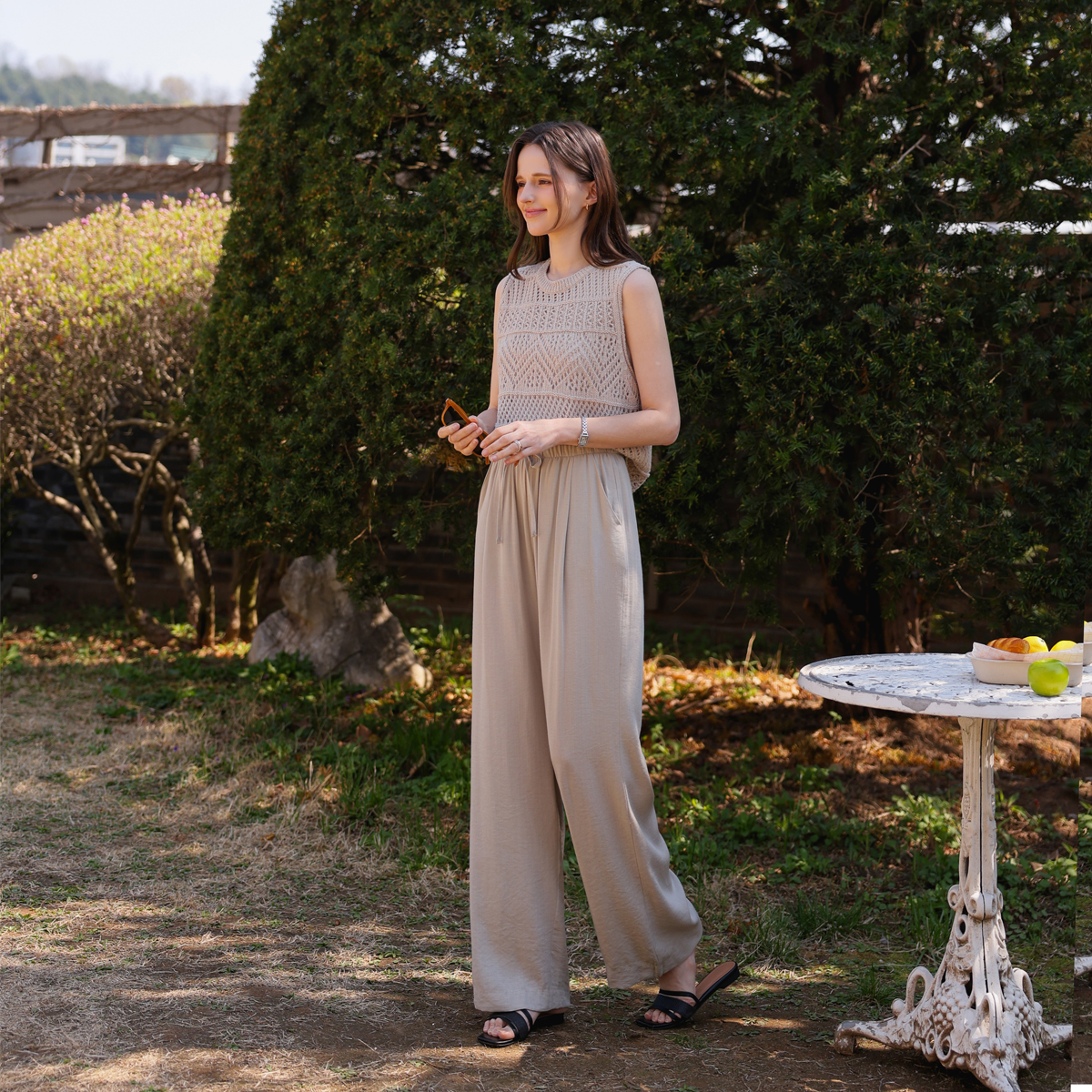 <b>[Summer Pants/Hair band][Made]</b> Flowy Linen Adjustable Pintuck Wide Pants