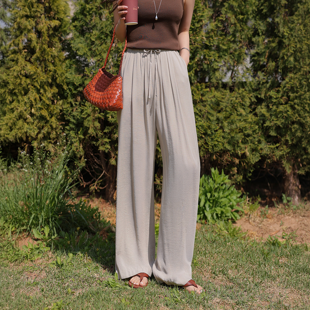 <b>[Summer Pants/Hair band][Made]</b> Flowy Linen Adjustable Pintuck Wide Pants