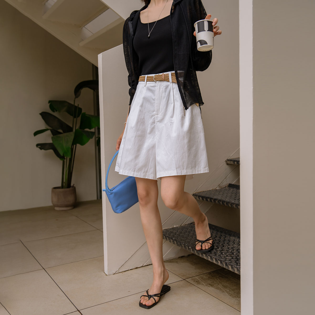 Summer Two-Pin Tuck Cotton Shorts (Belt Set)