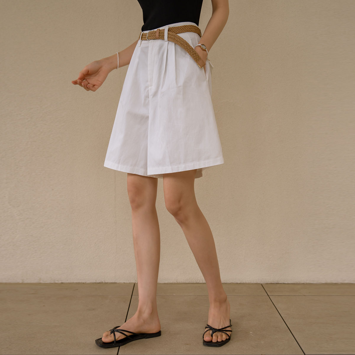 Summer Two-Pin Tuck Cotton Shorts (Belt Set)