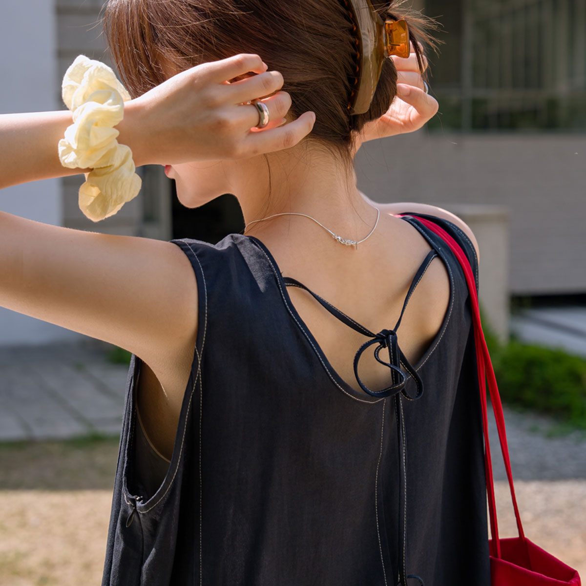 <b>[Made]</b> Linen-like Sleeveless Dress with Stitch Points