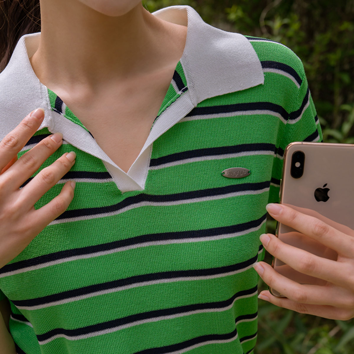 Striped collar color block short-sleeve knit