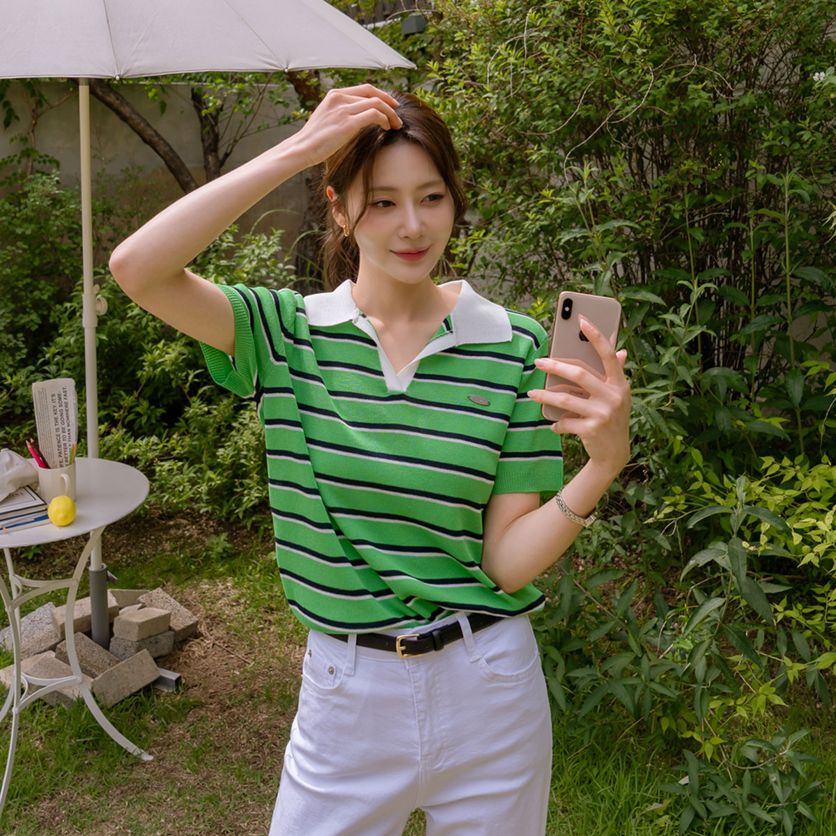 Striped collar color block short-sleeve knit