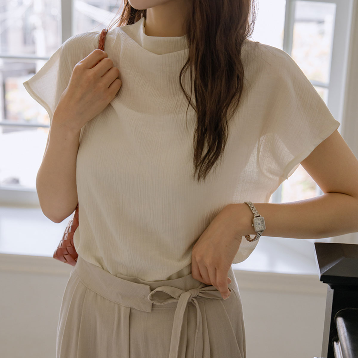 Cap sleeve sheer blouse