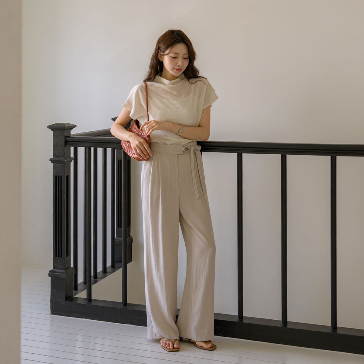 Ribbon pintuck linen slacks