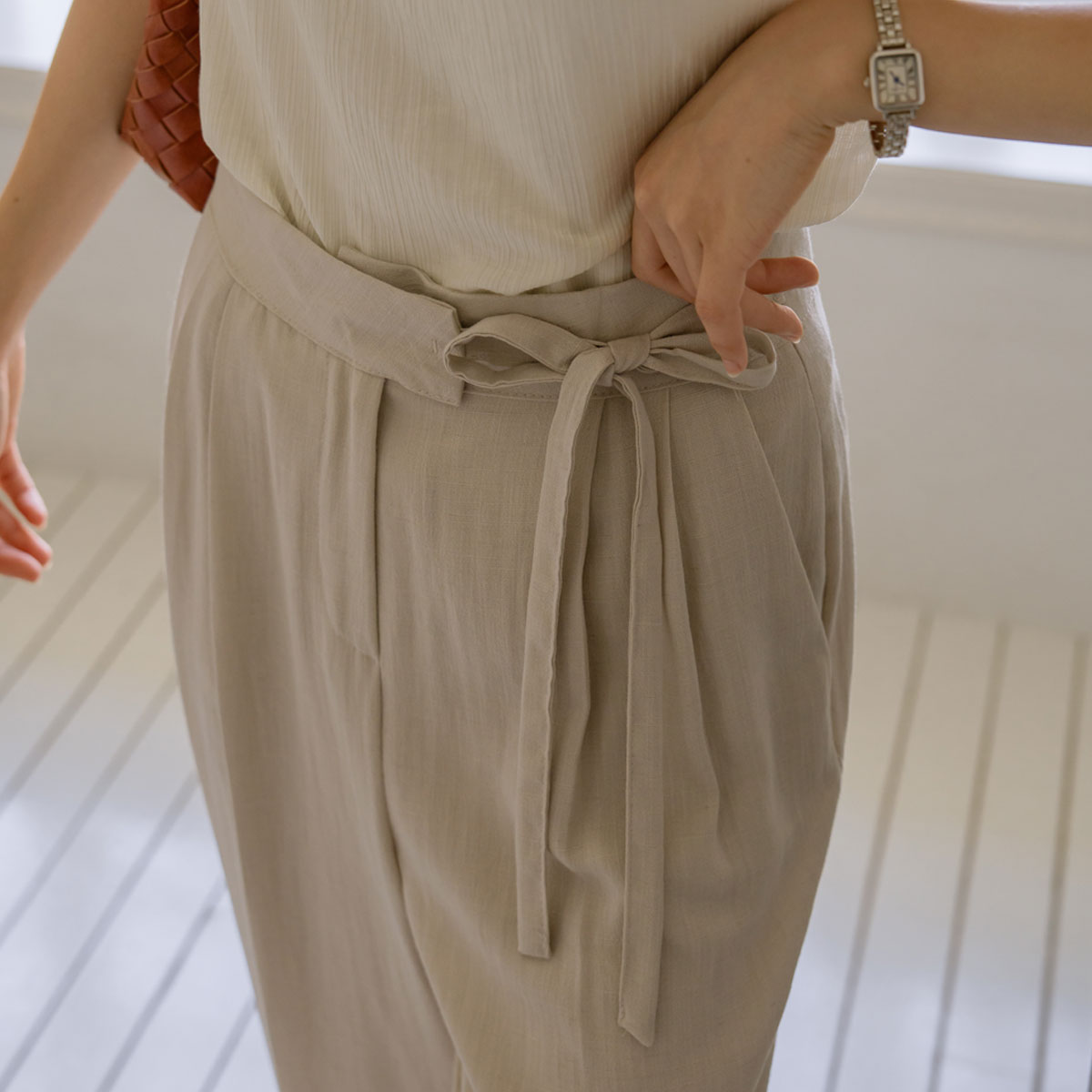 Ribbon pintuck linen slacks