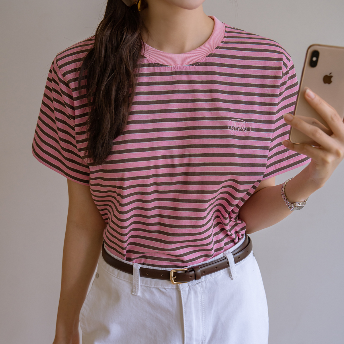 Heart button embroidered striped short-sleeve T-shirt