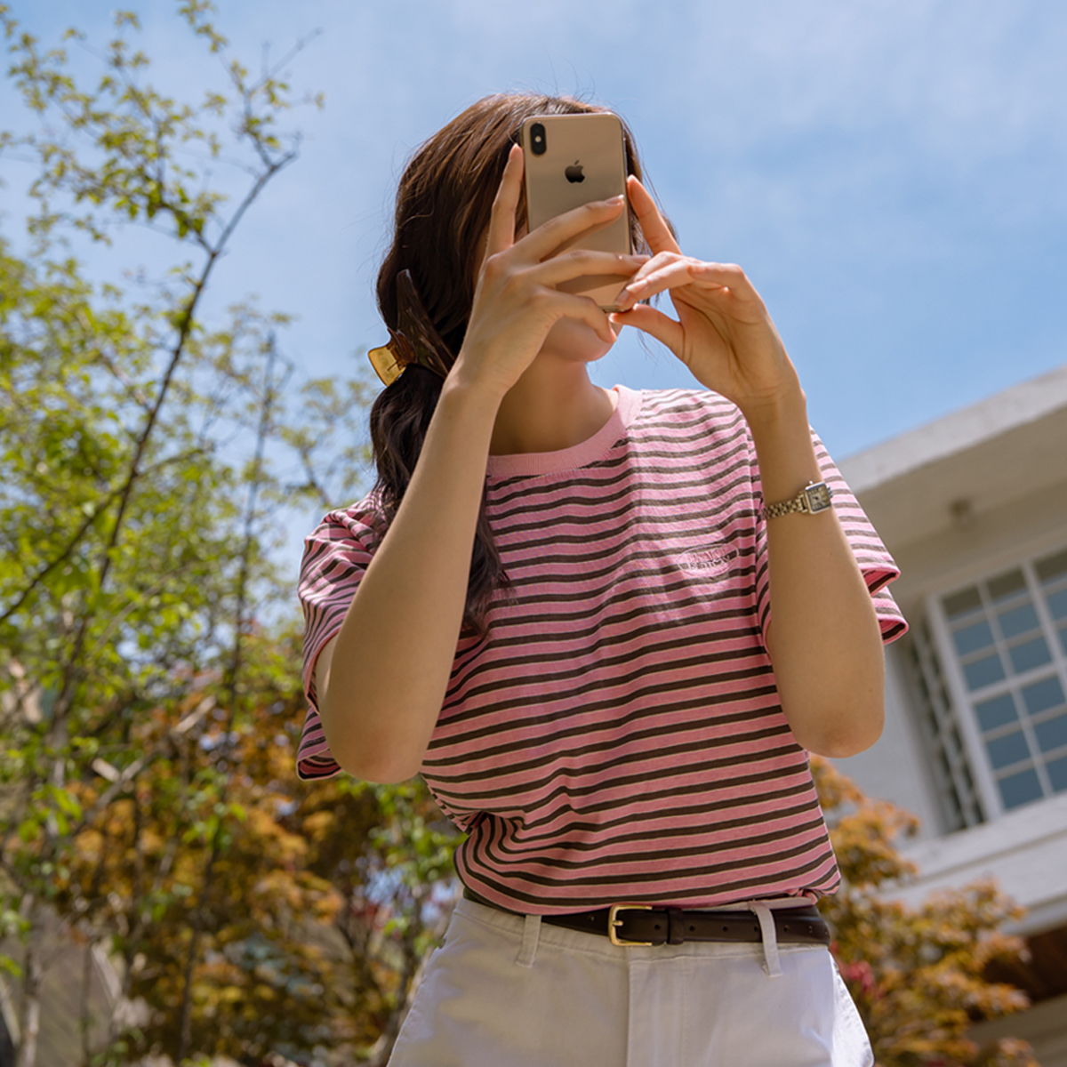 Heart button embroidered striped short-sleeve T-shirt