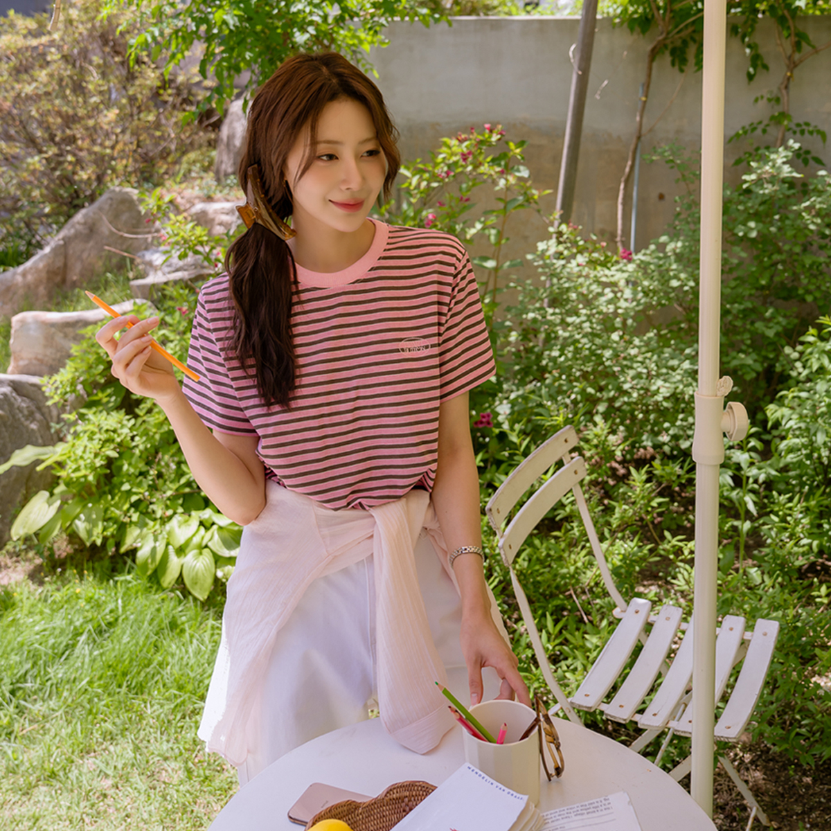 Heart button embroidered striped short-sleeve T-shirt