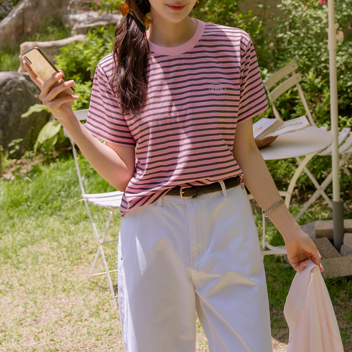 Heart button embroidered striped short-sleeve T-shirt