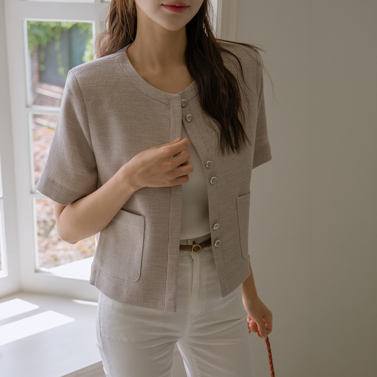 Combination button tweed short-sleeve jacket