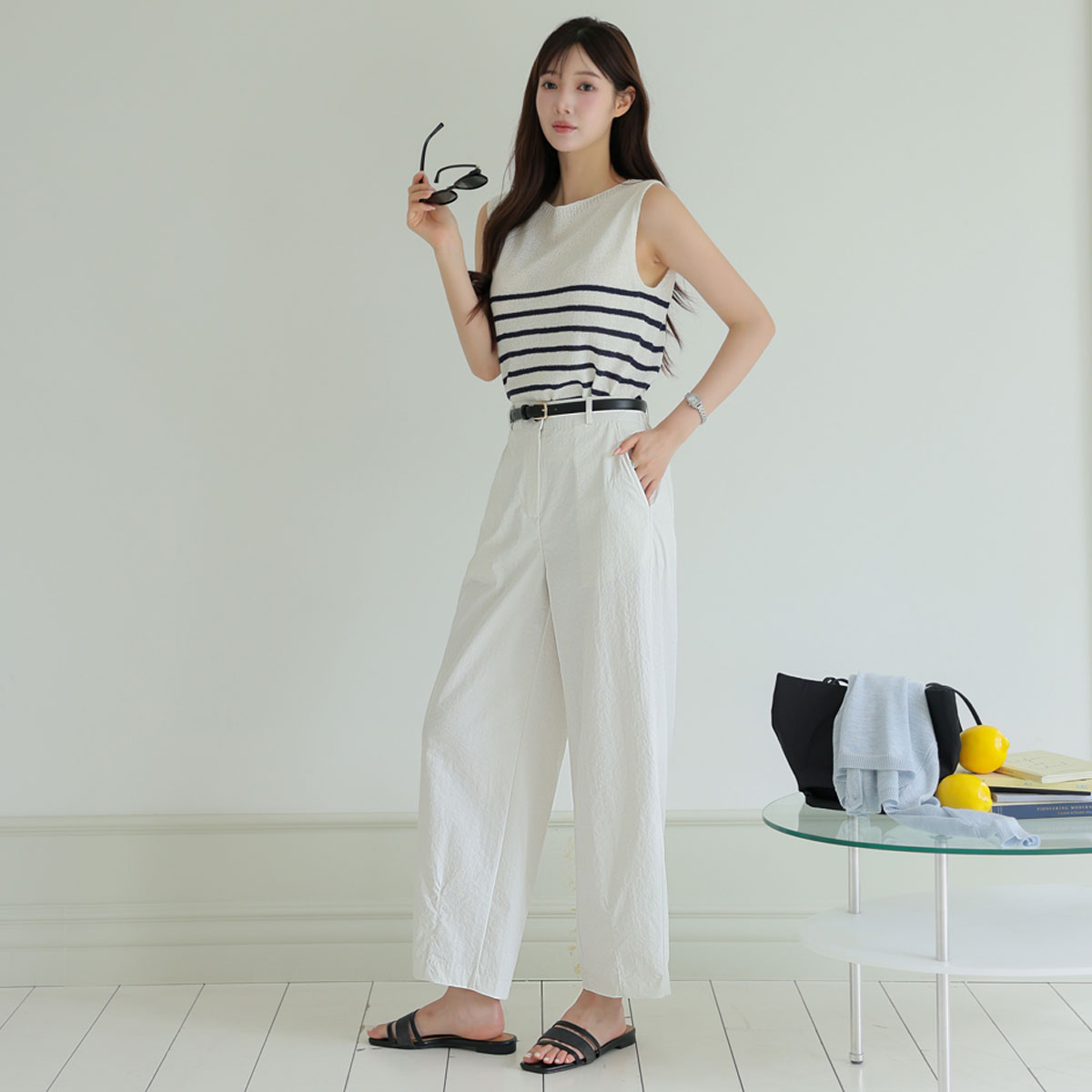 Pintuck Cooling Light Cotton Baggy Pants