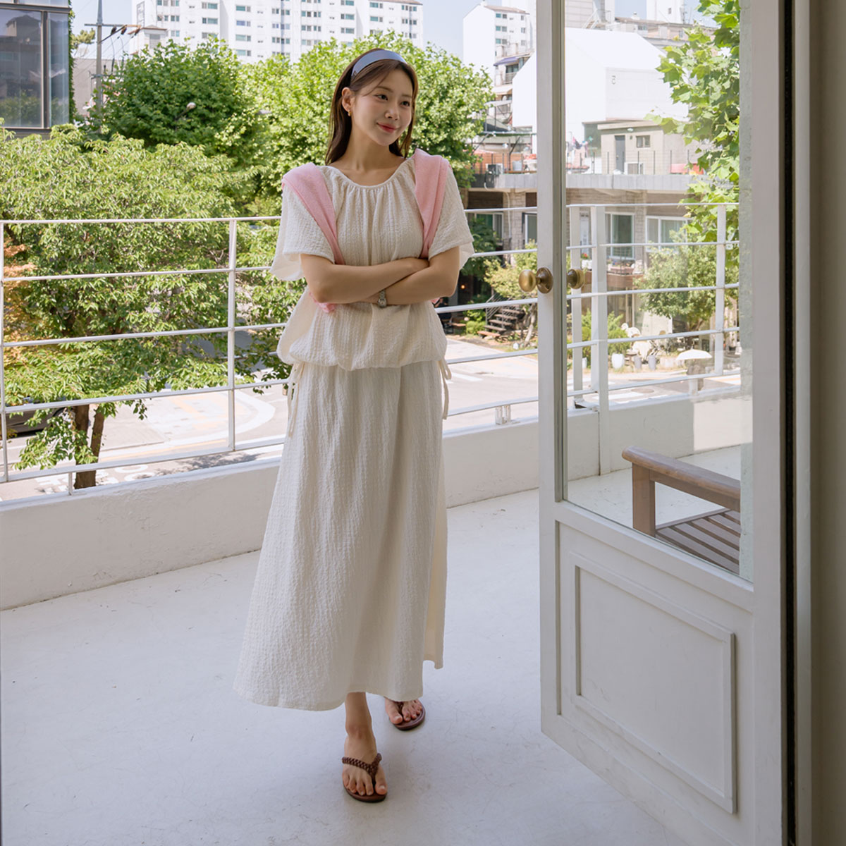 <b>[Effortless Chic Set/Good Tension][Made]</b> Wrinkle Tension Balloon Sleeve Top & Bottom Set