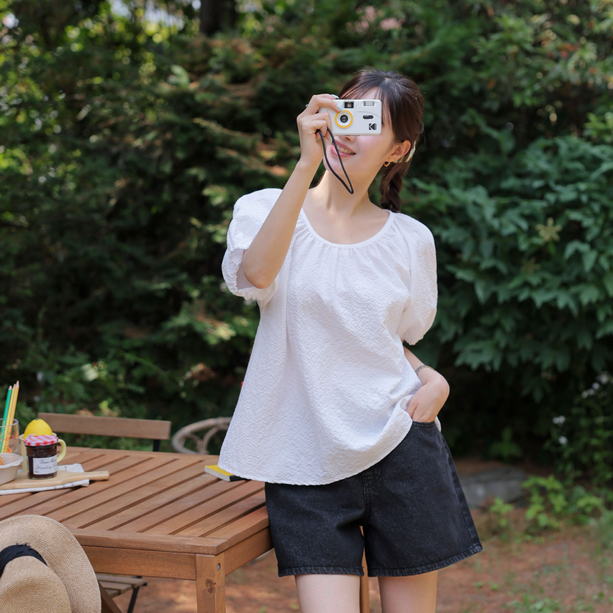 <b>[Cool Material/Seersucker][Made]</b> Back Ribbon Slit Key Point Zizimi Blouse