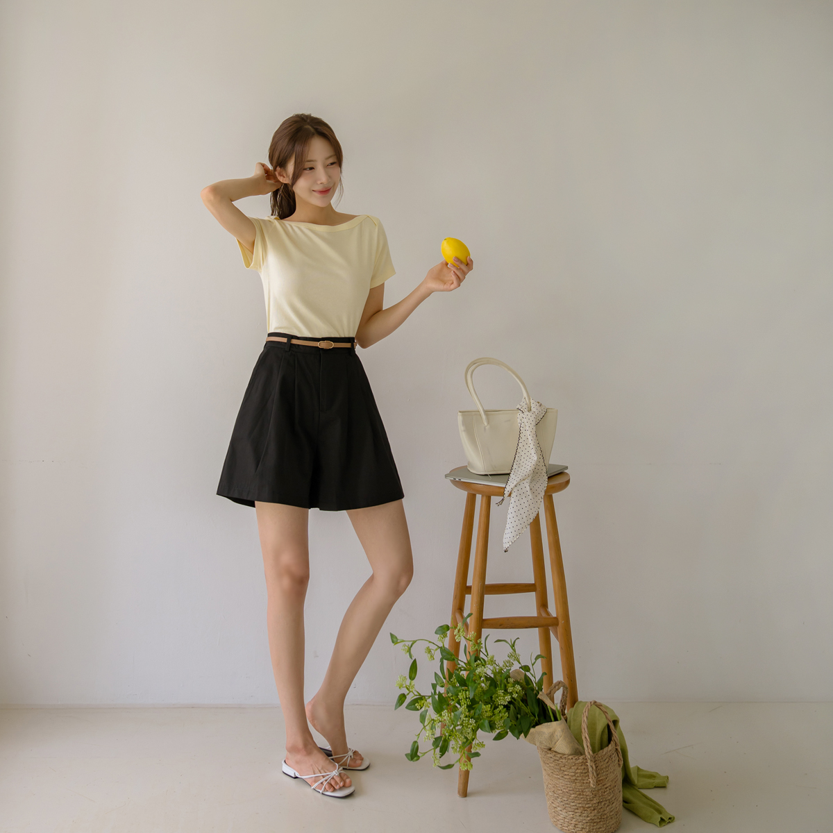 Two-pintuck cotton belt set shorts