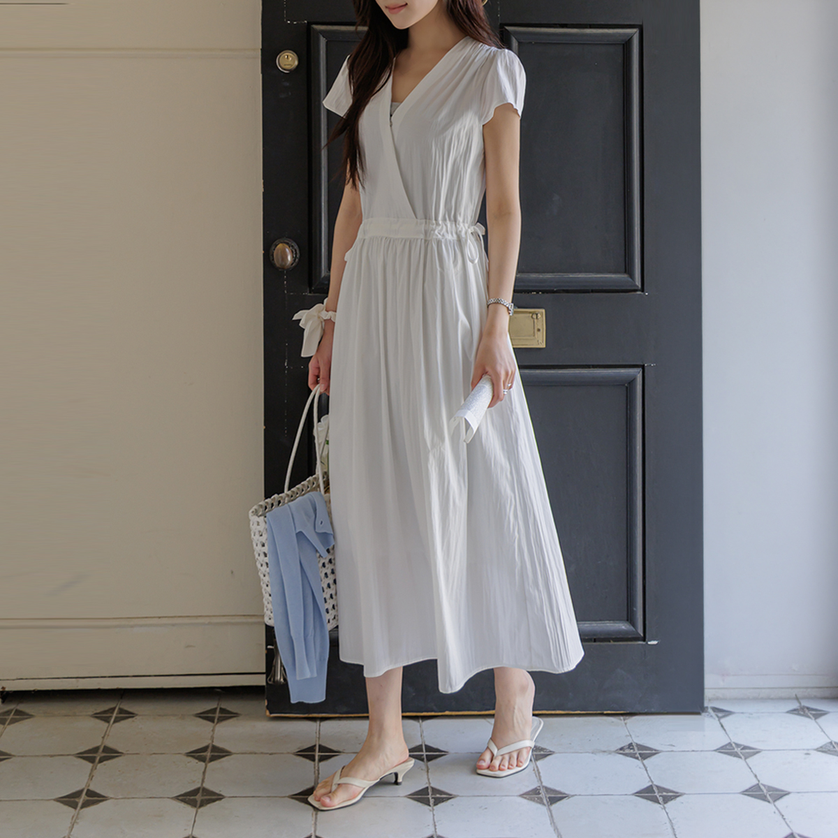 Waist drawstring bowknot rustling dress