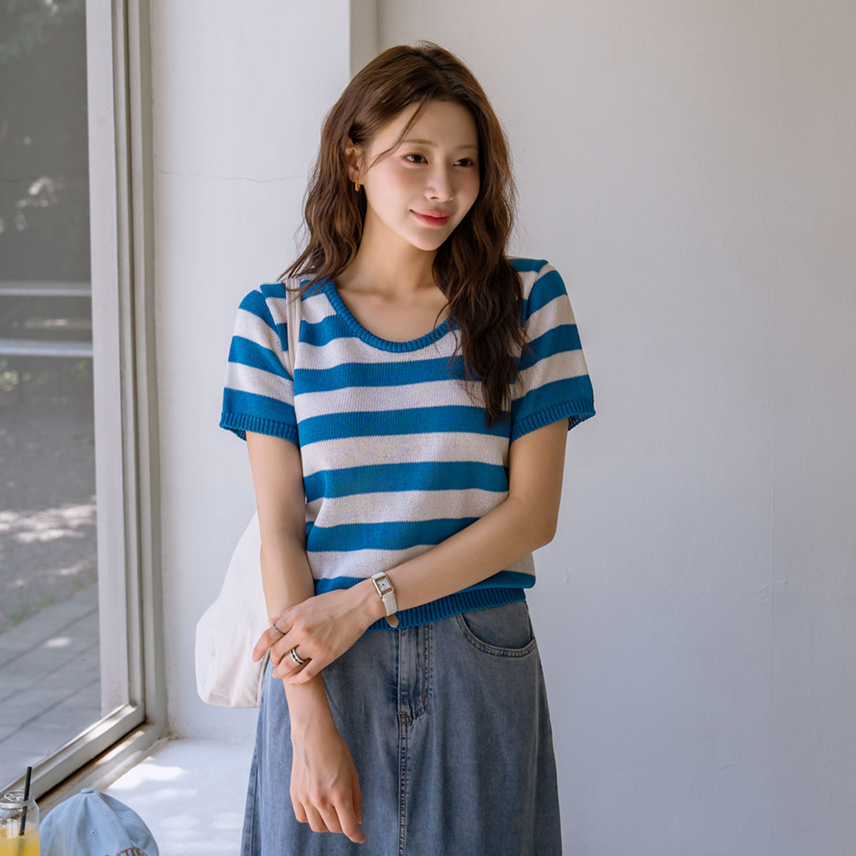 Summer U neck striped short-sleeve knit