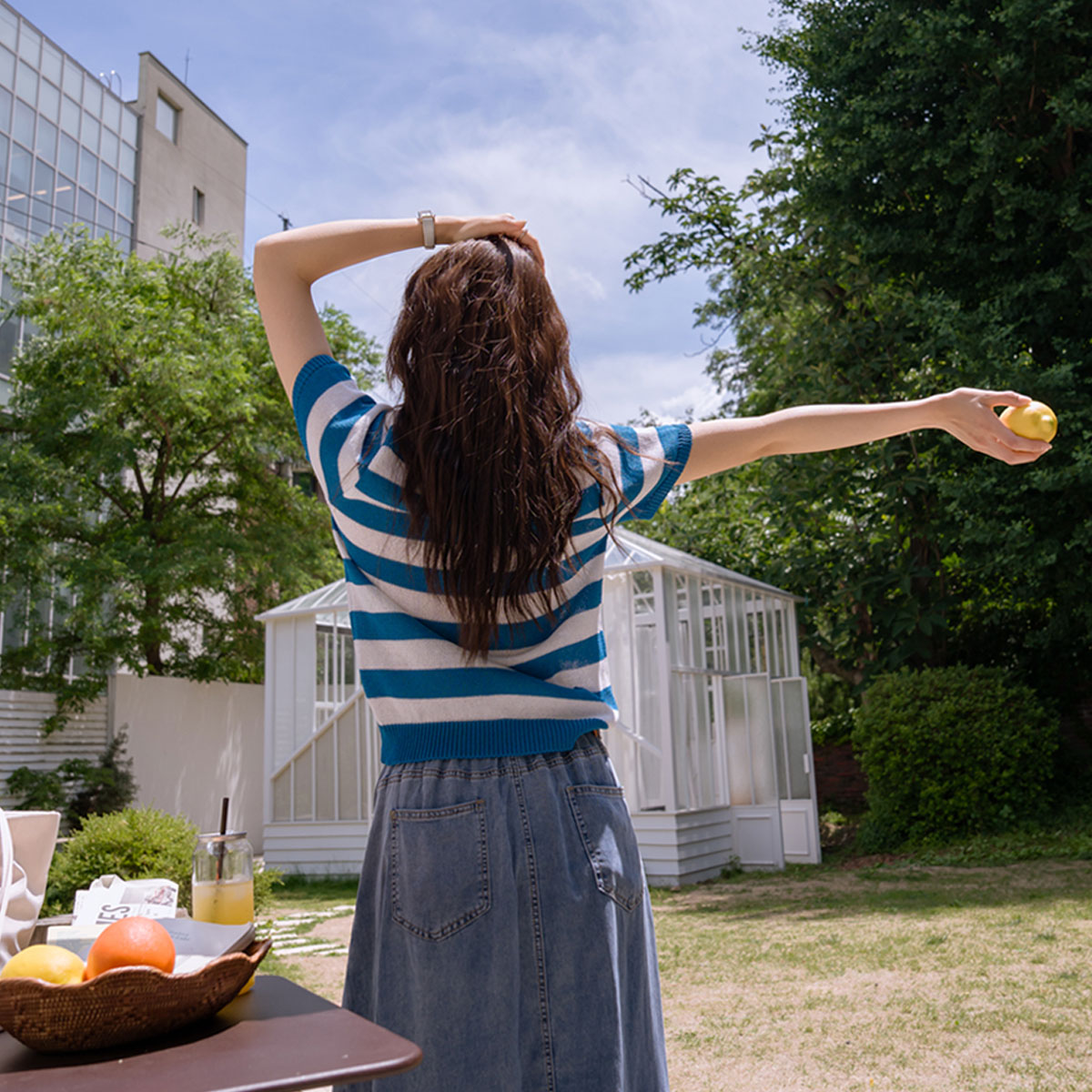 Summer U neck striped short-sleeve knit