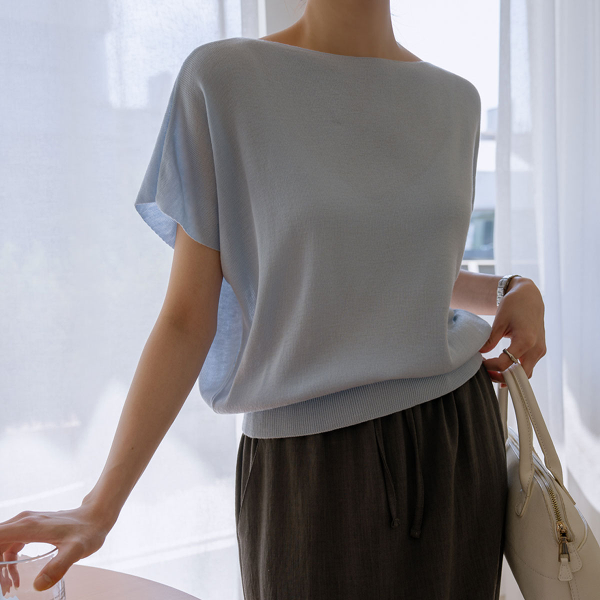 Loose boat neck cap sleeve knit