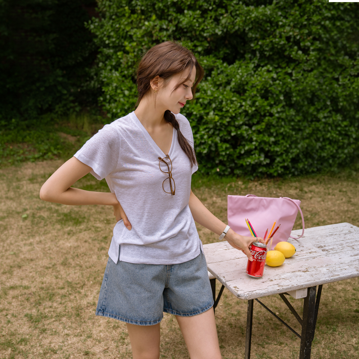 Diagonal Slit Linen Short T-shirts