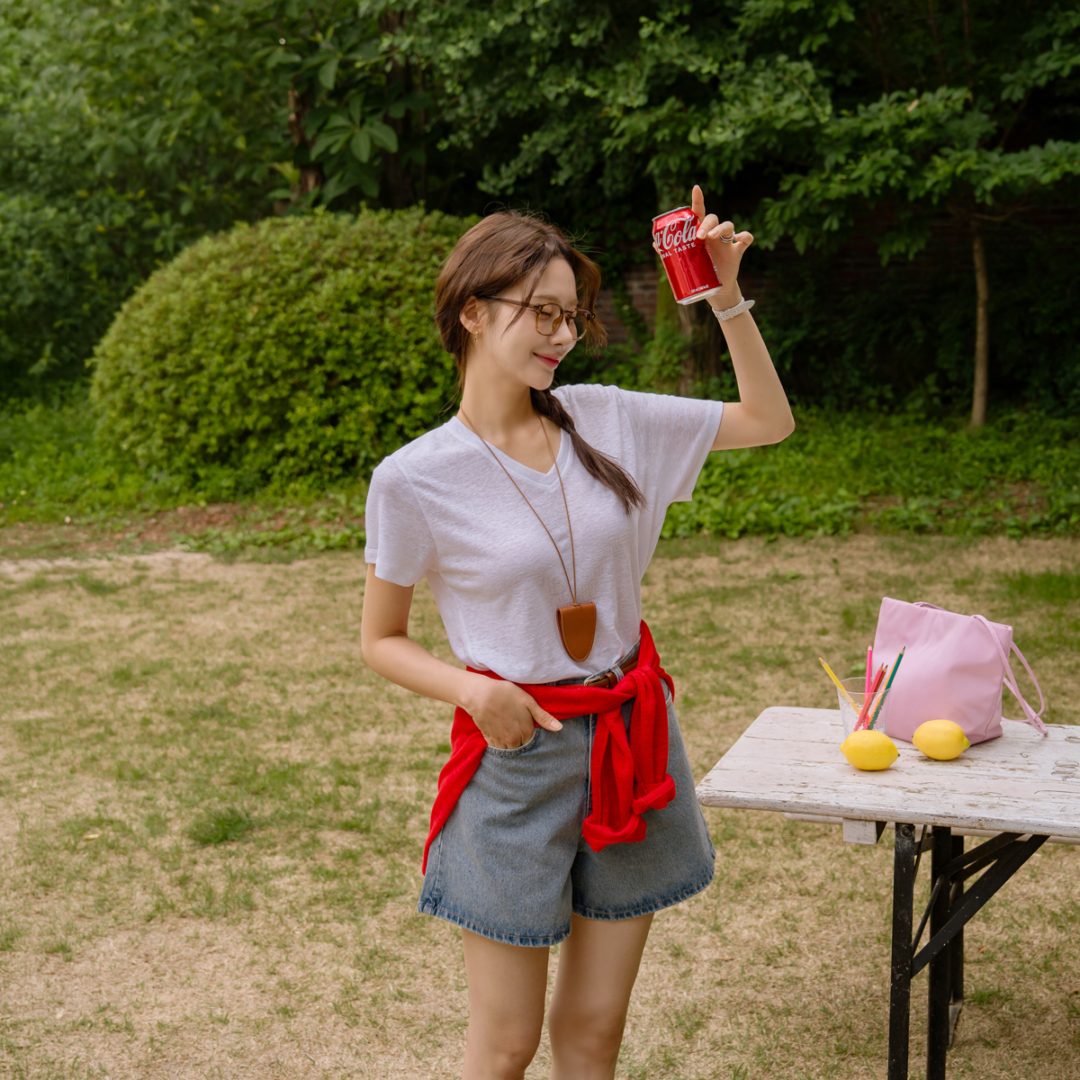 Diagonal Slit Linen Short T-shirts