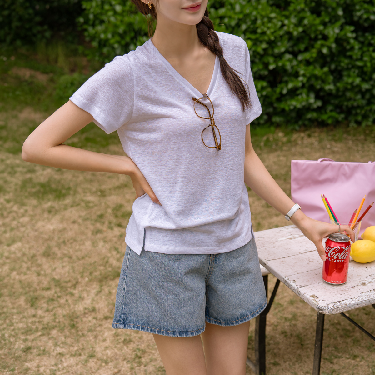 Diagonal Slit Linen Short T-shirts